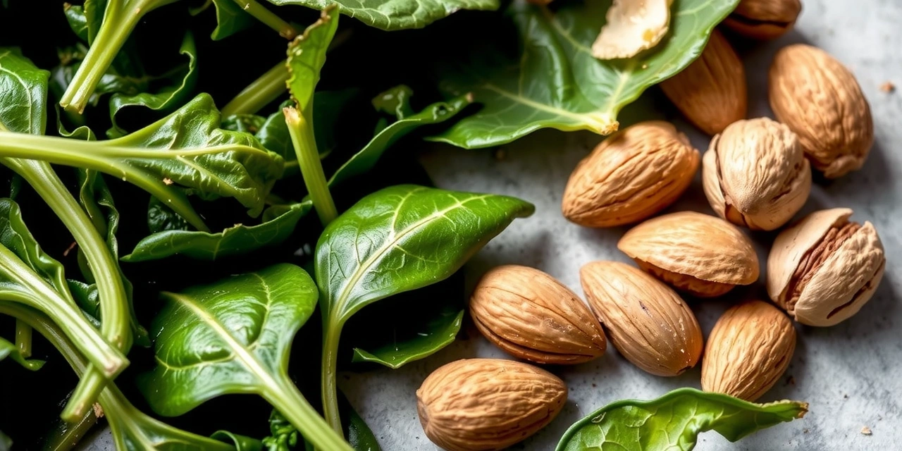 Foglie verdi e noci, ricche di magnesio