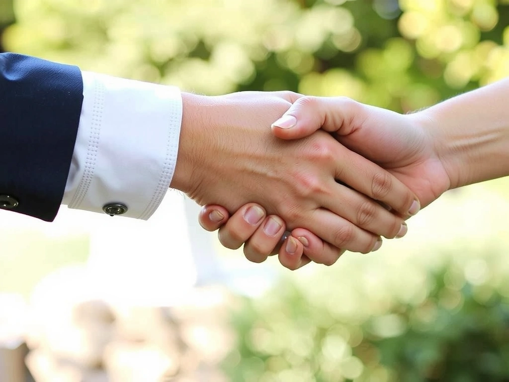 Mani che si stringono in segno di fiducia, con sfocato sfondo naturale