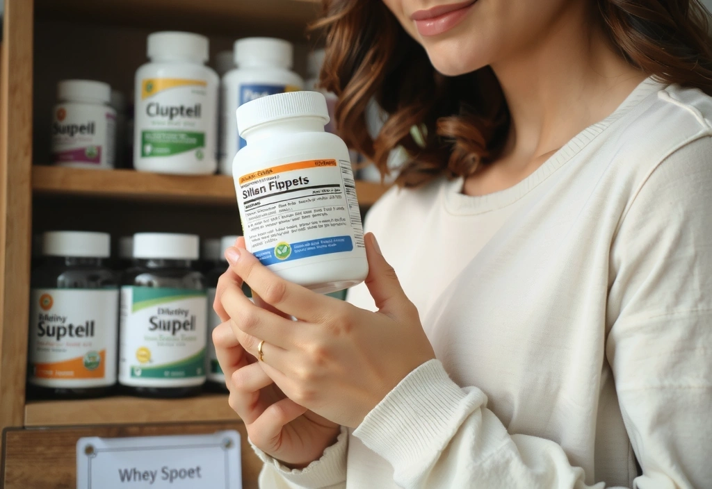 Donna che legge l'etichetta di un integratore