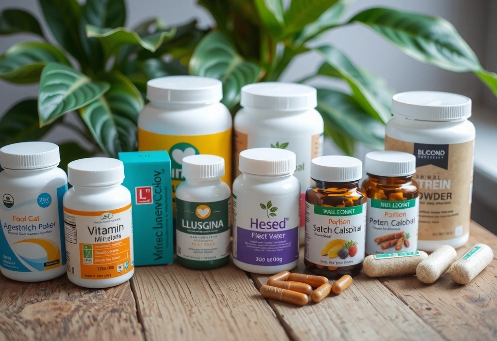 Vari integratori alimentari su un tavolo di legno