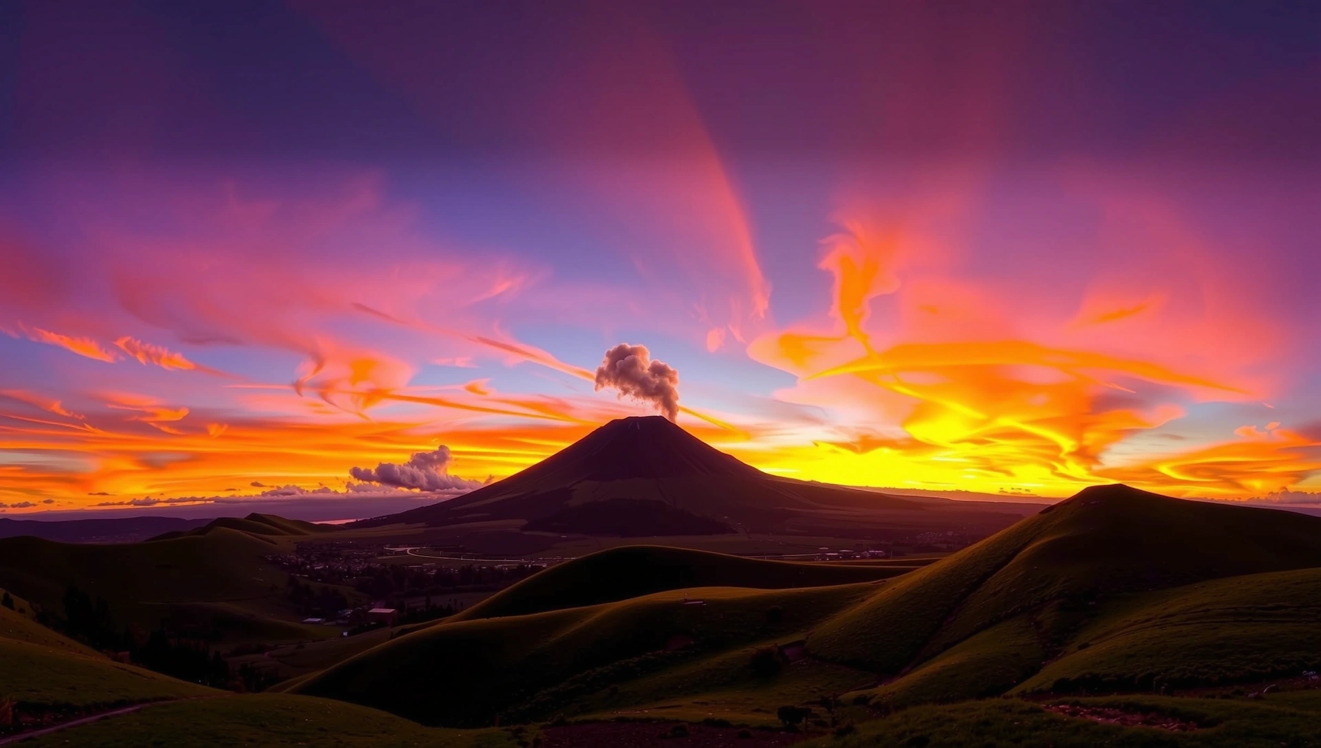 Panoramica mozzafiato dell'Etna al tramonto, con campi verdi rigogliosi in primo piano, simbolo di natura e vitalità.