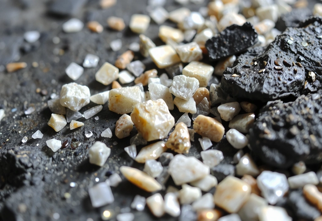 Piccoli granelli di minerali luccicanti come magnesio, zinco e ferro, su una superficie rocciosa, con un effetto macro.